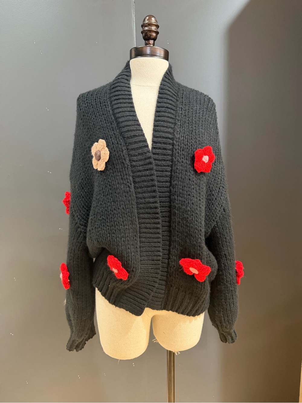 Black Chunky Open-Front Cardigan with Red Flower Appliqués